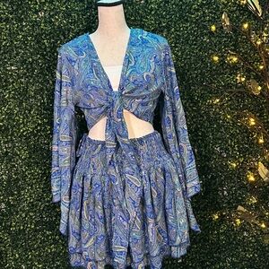 Blue Paisley Tie-Front Top and Skirt Set